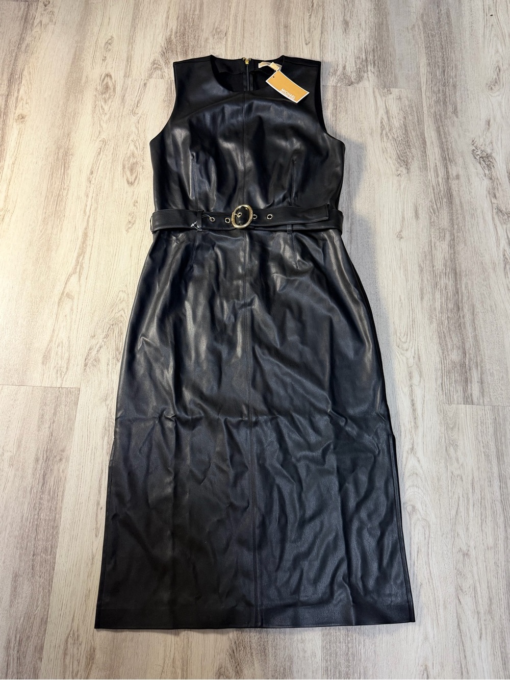 Michael Kors Black Faux Leather Belted Midi Dress